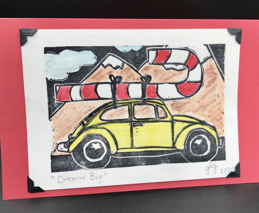 Christmas card with a yellow VW bug with a giant candy cane tied on top.