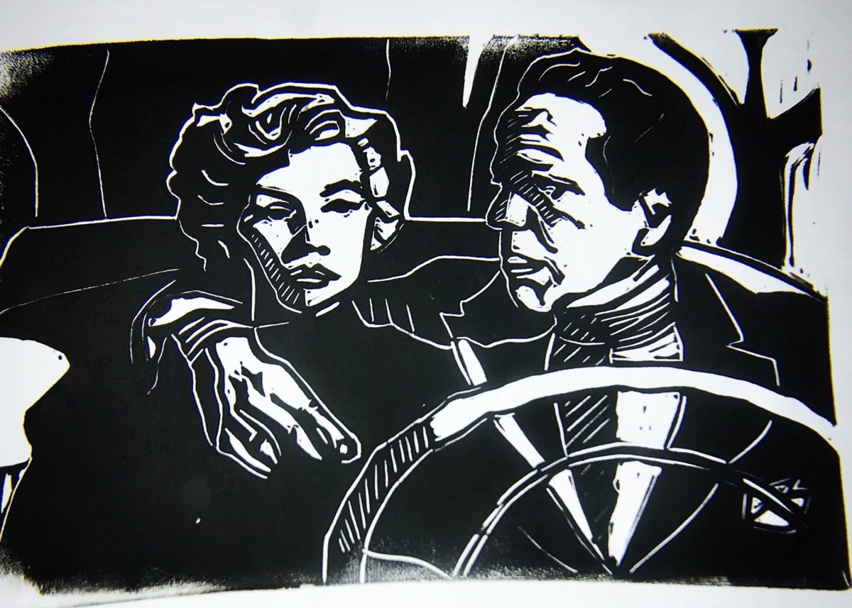 Black and white print of man and woman in the front seat of a car.